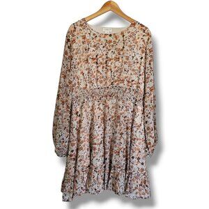 Chicsoul Floral Long-Sleeve Dress Size 1X Neutral Cream Brown Ruffle Long Sleeve